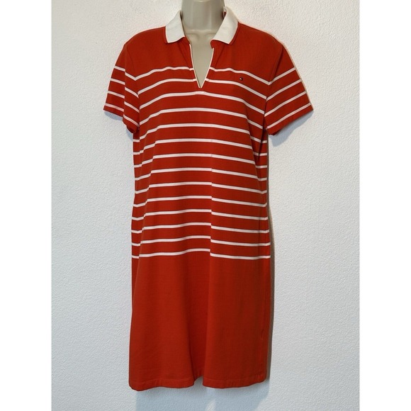 Tommy Hilfiger Womens‎ Polo Dress Red Orange White Strip Designer Large Preppy - Picture 1 of 6
